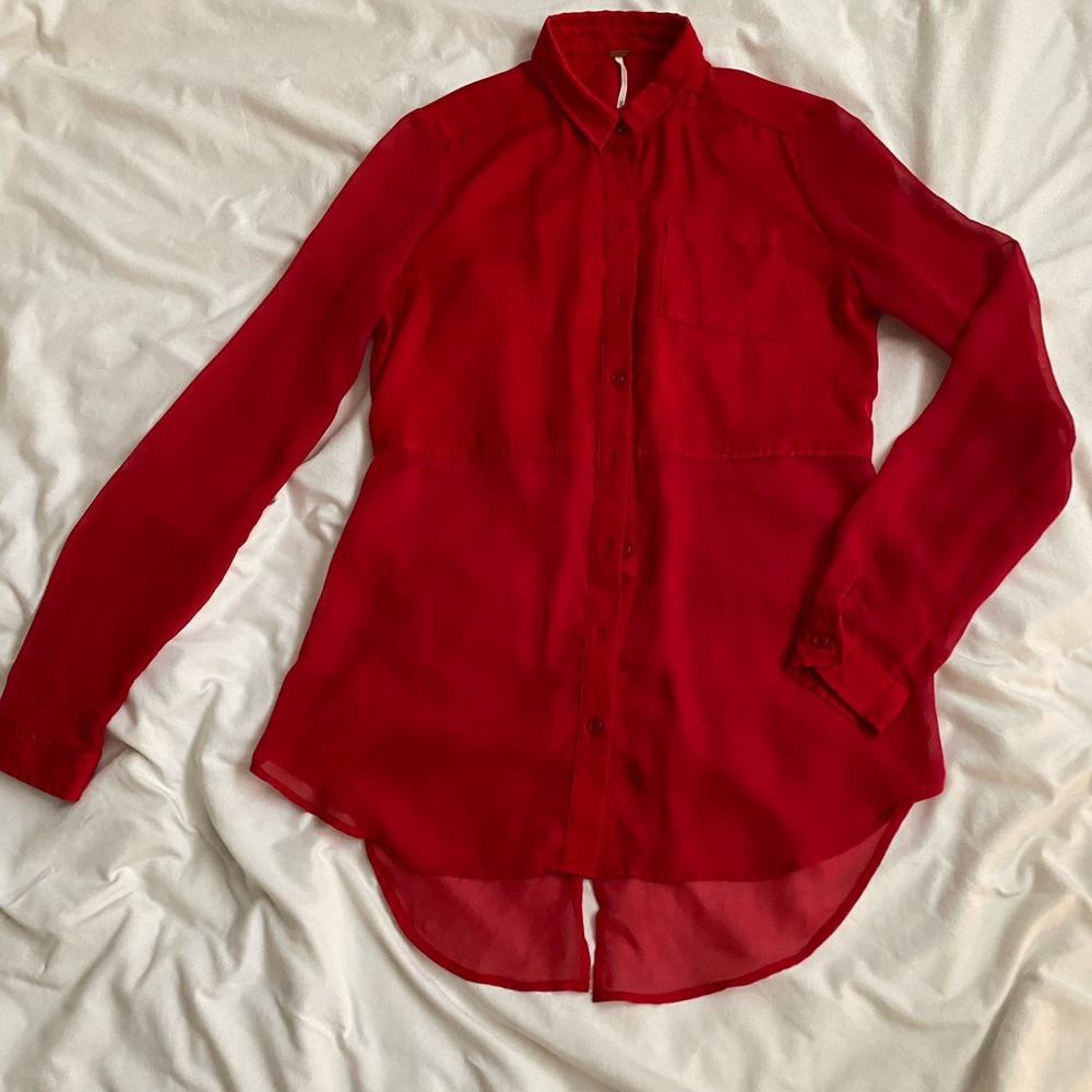Free People Sheer Red Button-Up Blouse